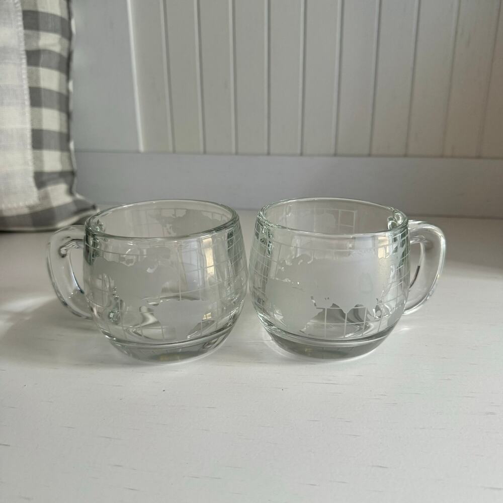 SET of 2 Nestle Nescafe Etched Glass Globe World Mugs Coffee Tea Cups Vintage